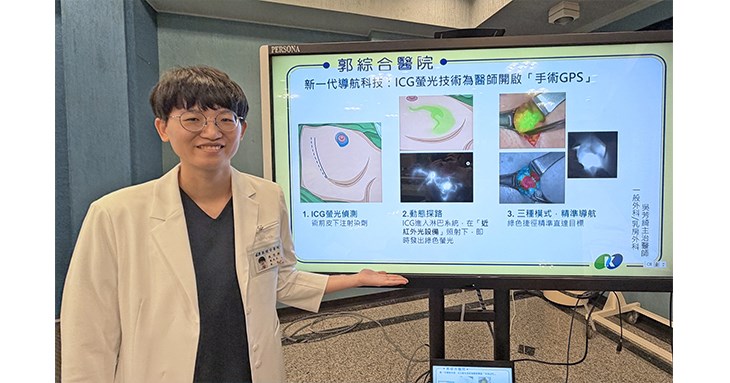 郭綜合醫院一般外科/乳房外科吳芳綺主治醫師表示,新一代ICG螢光偵測技術正是外科醫師的「手術GPS」。其原理是利用ICG分子經皮下注射後結合近紅外光照射,使淋巴結即時發出螢光。(圖片提供/郭綜合醫院)