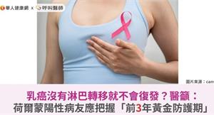 乳癌沒有淋巴轉移就不會復發？醫籲：荷爾蒙陽性病友應把握「前3年黃金防護期」