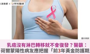 乳癌沒有淋巴轉移就不會復發？醫籲：荷爾蒙陽性病友應把握「前3年黃金防護期」